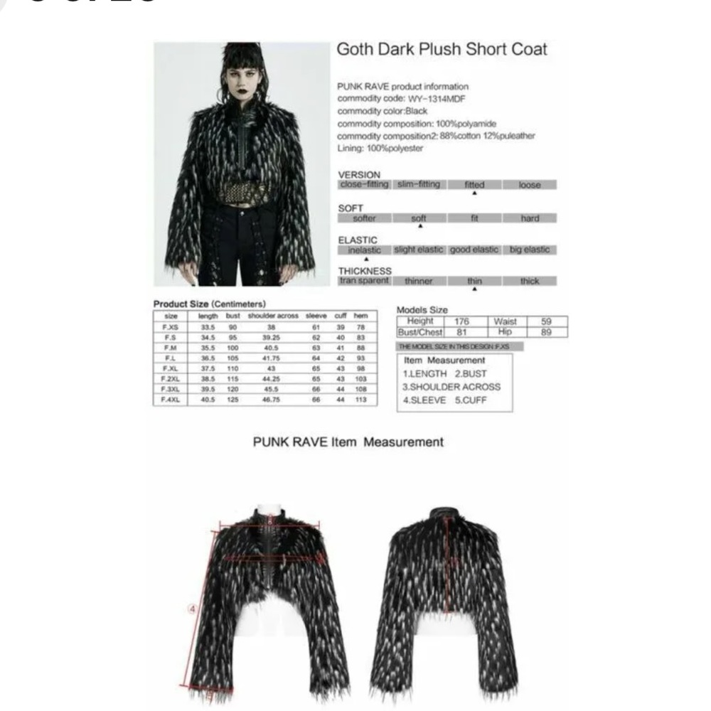 Punk Rave Gothic Black White Cropped Fur Jacket - Picture 15 of 15
